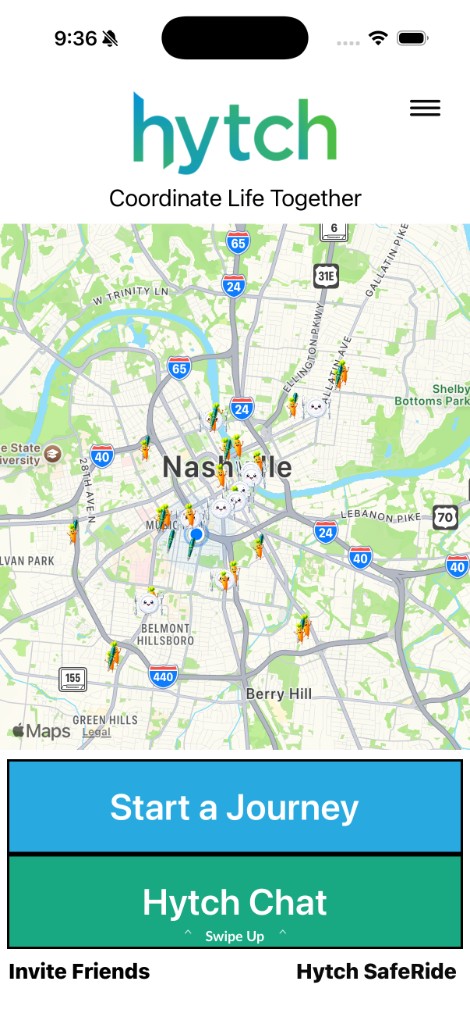 Hytch app — map, Start a Journey, Hytch Chat
