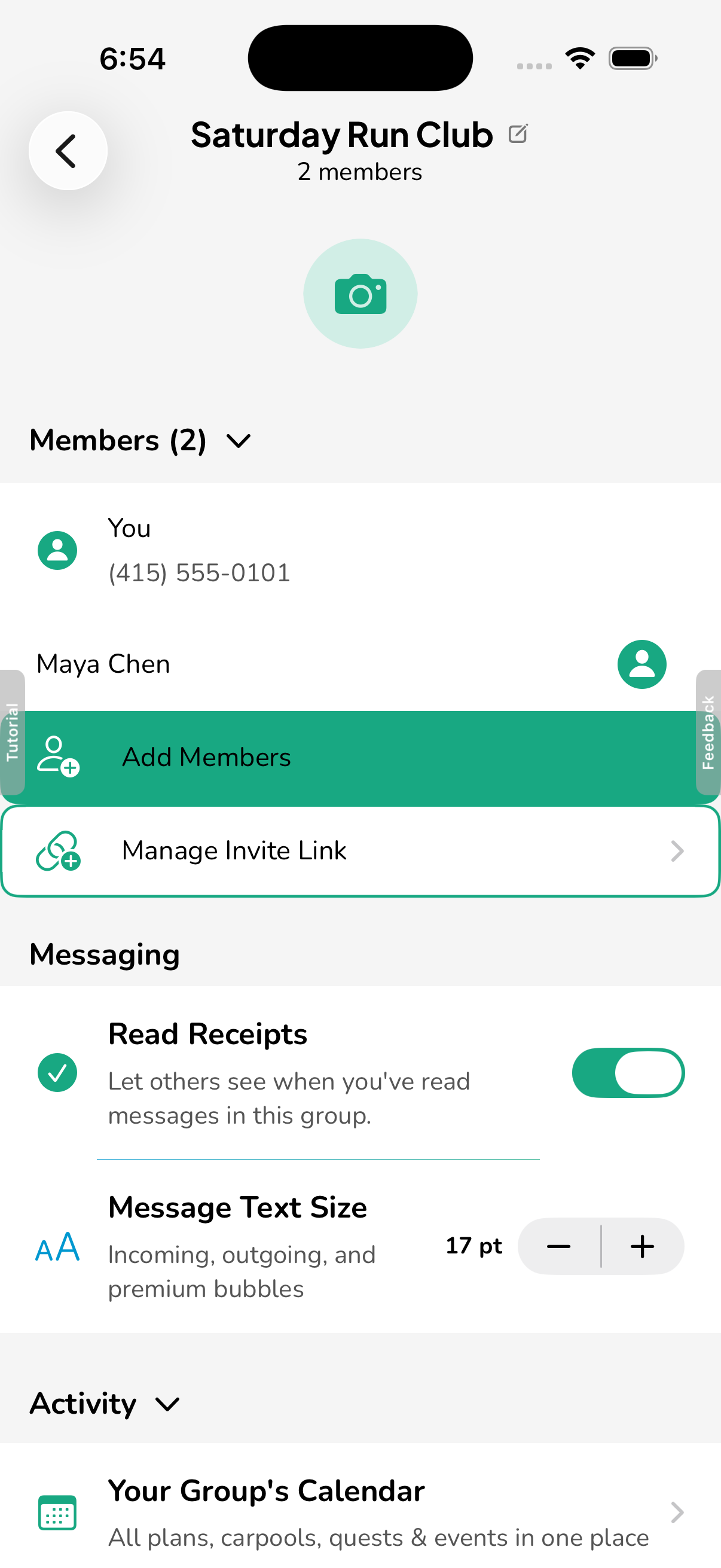 Hytch group settings screen for the group Saturday Run Club, with the Add Members option shown