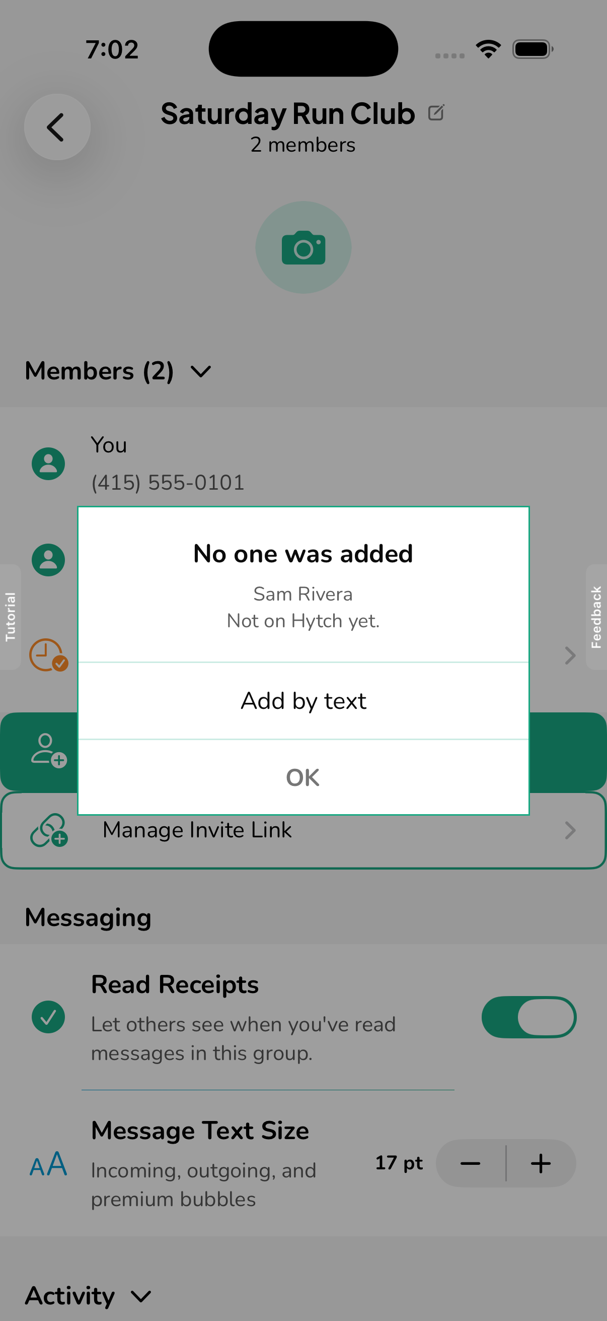 Notice that the person entered is not on Hytch yet, with an Add by text option