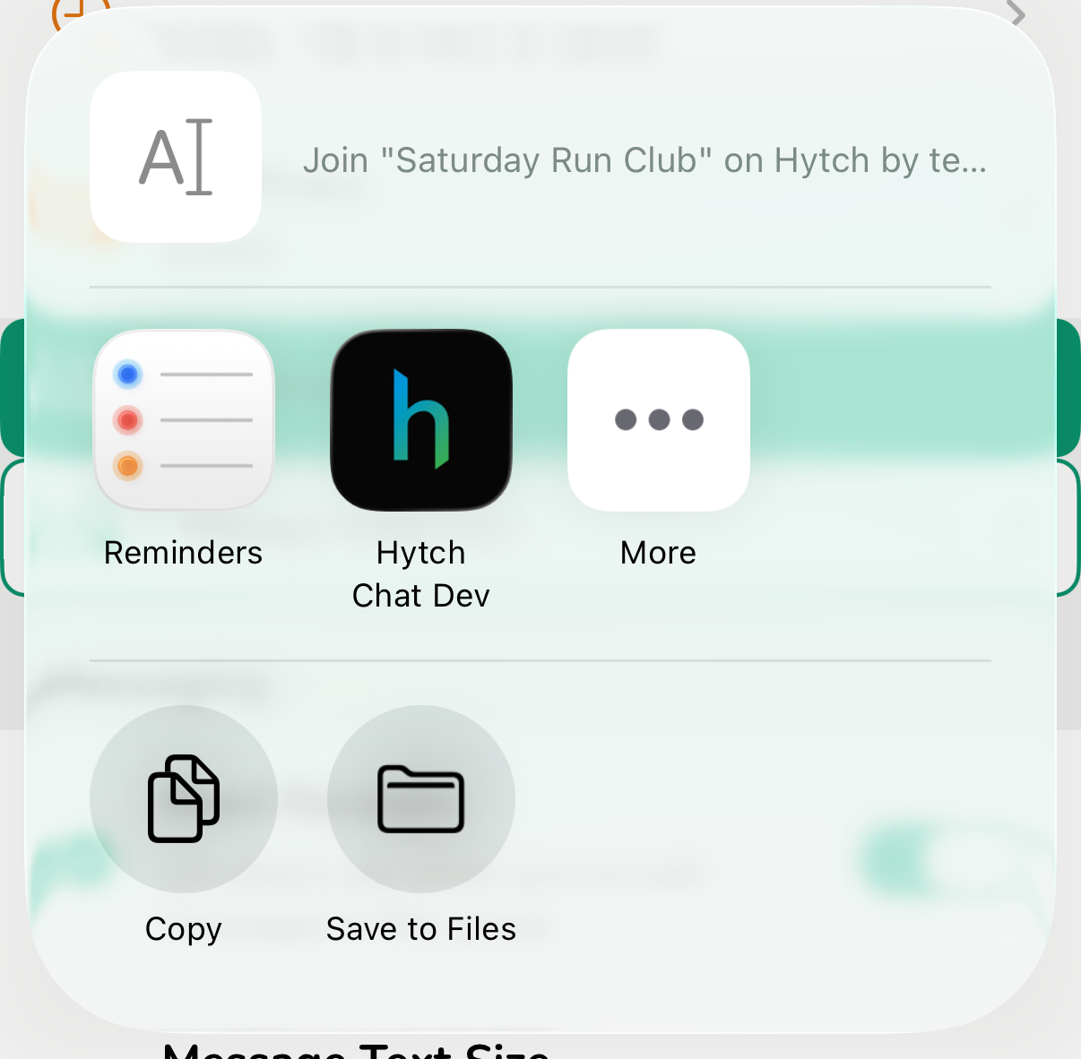 The phone's share sheet open with the Hytch invitation text ready for the admin to send from their own phone